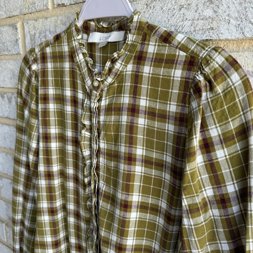 LOFT Womens Plaid Ruffle Check Button Up Shirt, Size XS. - Picture 5 of 8